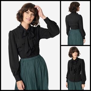 Unique Vintage Black Ruffle Blouse